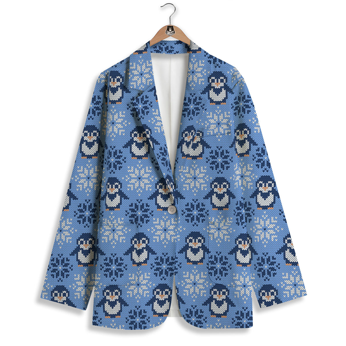 Knitted Snowy Penguin Print Pattern Women's Blazer-grizzshop