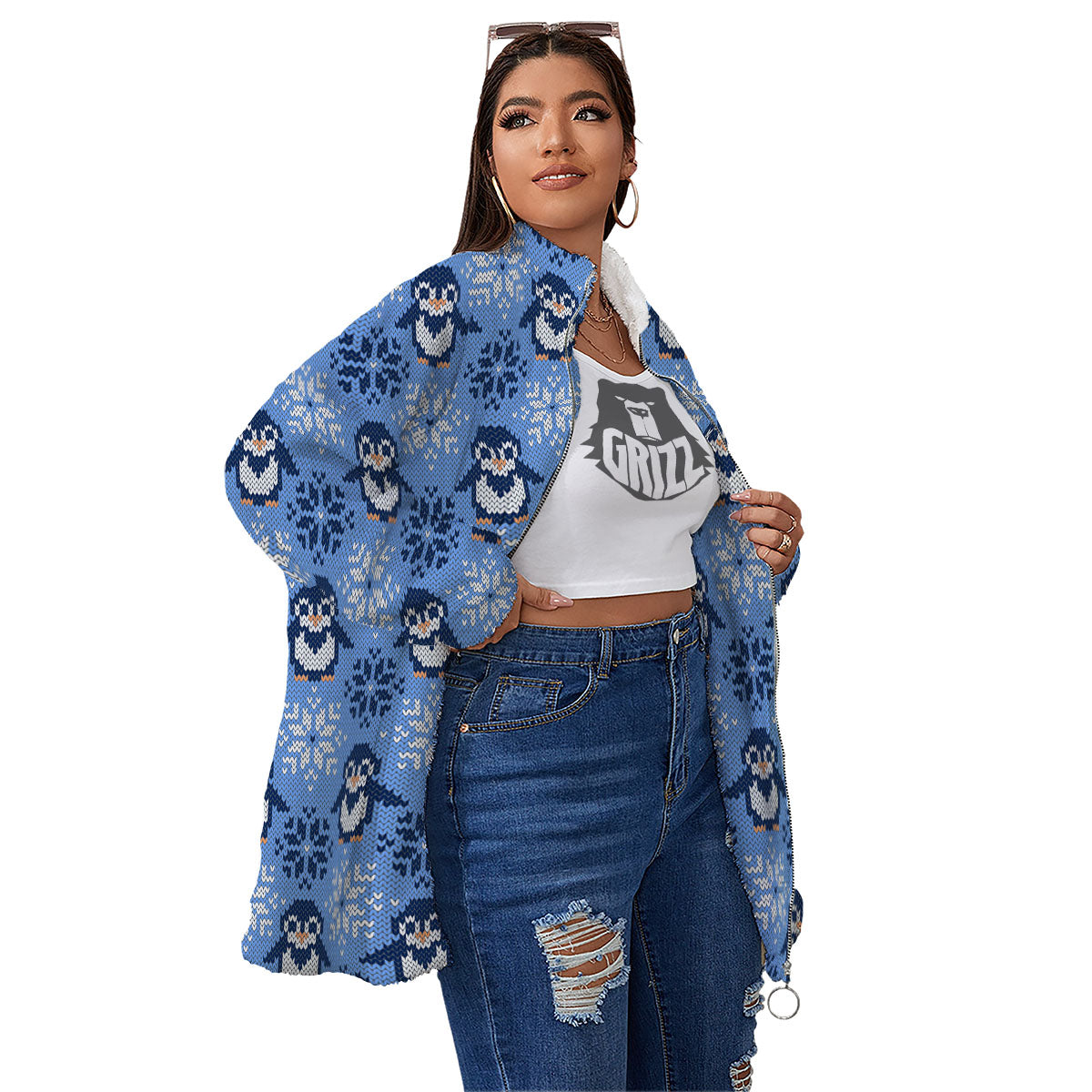 Knitted Snowy Penguin Print Pattern Women's Sherpa Jacket-grizzshop