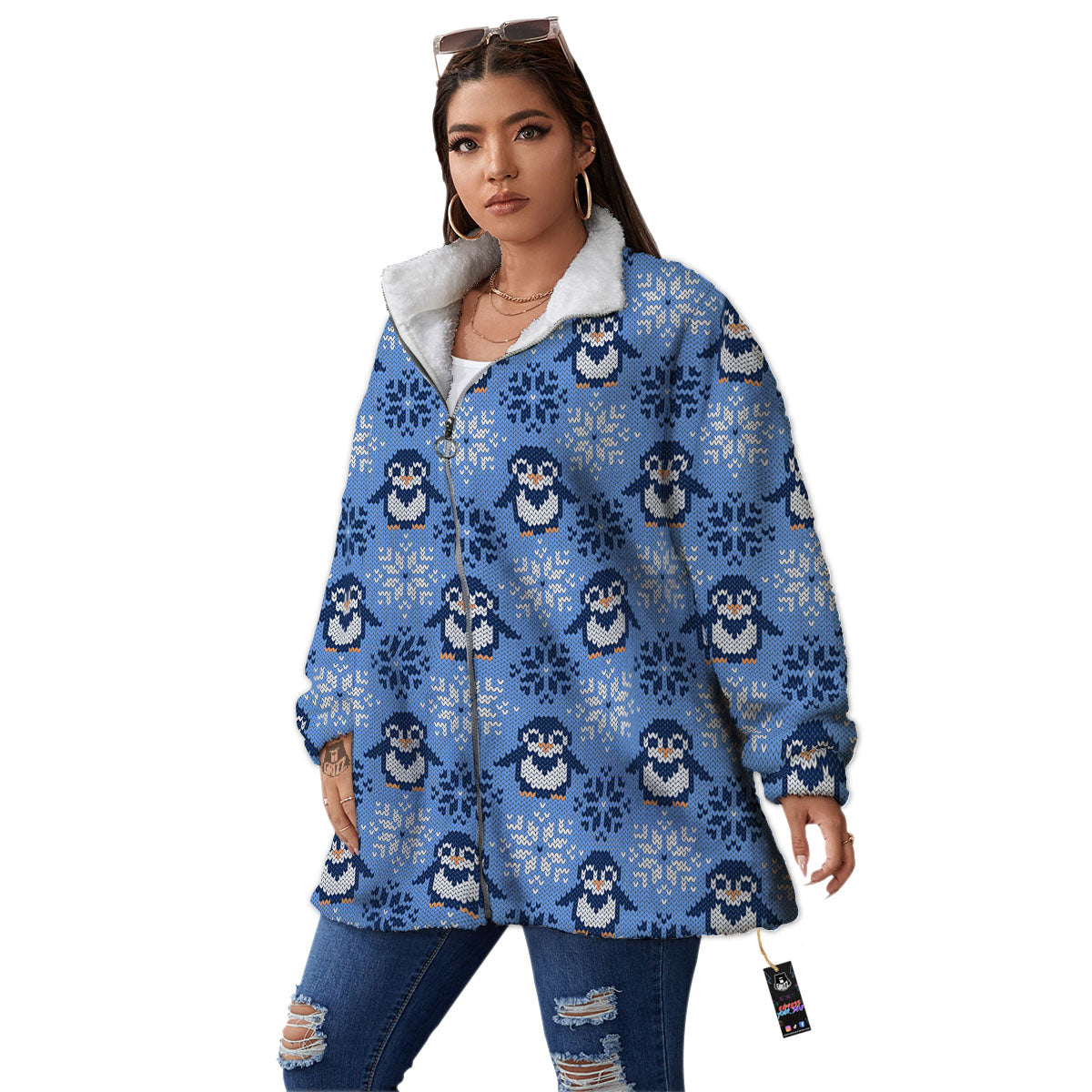 Knitted Snowy Penguin Print Pattern Women's Sherpa Jacket-grizzshop
