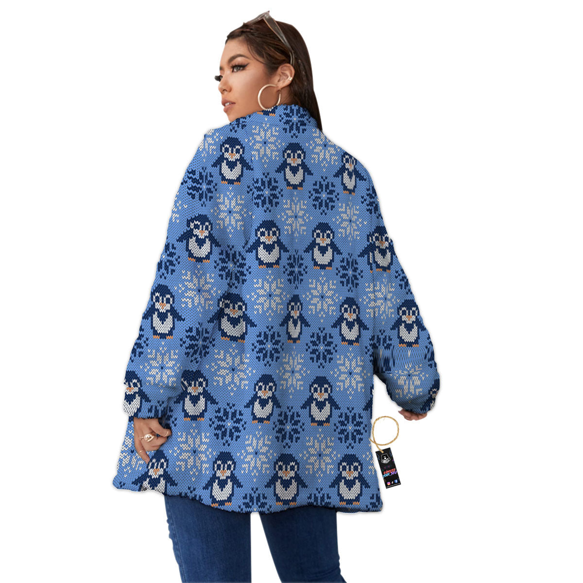 Knitted Snowy Penguin Print Pattern Women's Sherpa Jacket-grizzshop