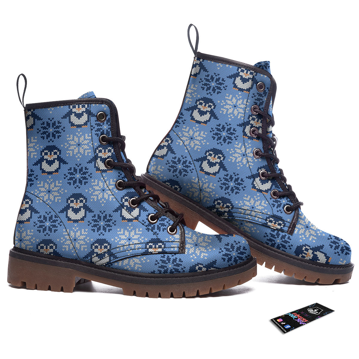 Knitted Snowy Penguin Print Pattern Work Boots-grizzshop