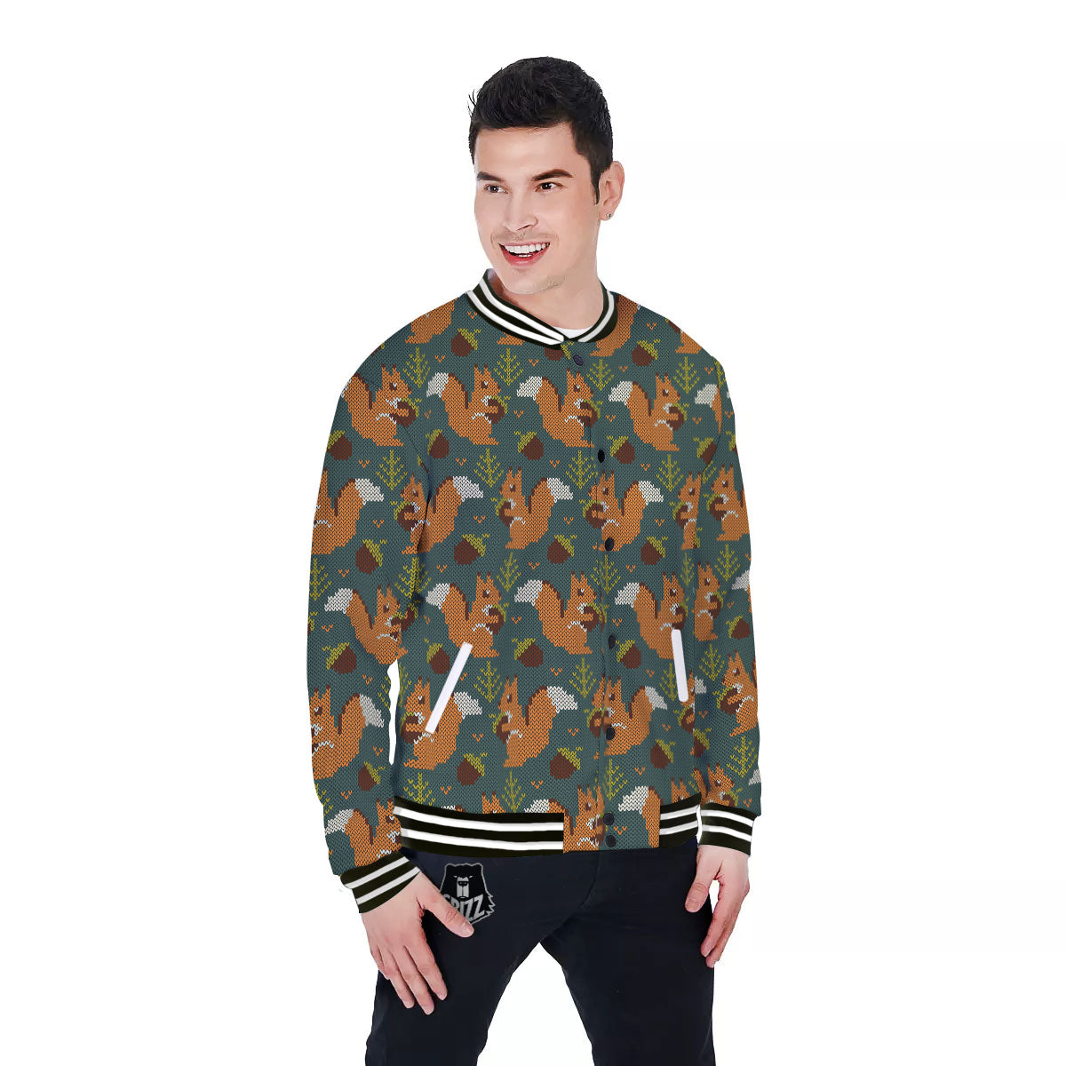 Knitted Squirrel Print Pattern Baseball Jacket-grizzshop