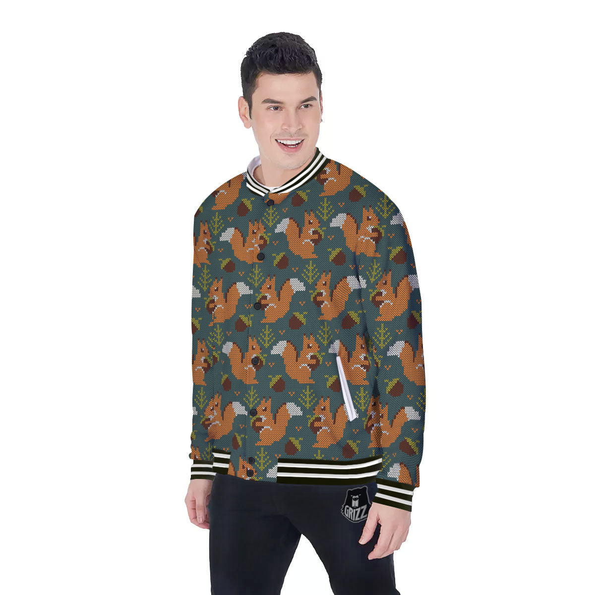 Knitted Squirrel Print Pattern Baseball Jacket-grizzshop