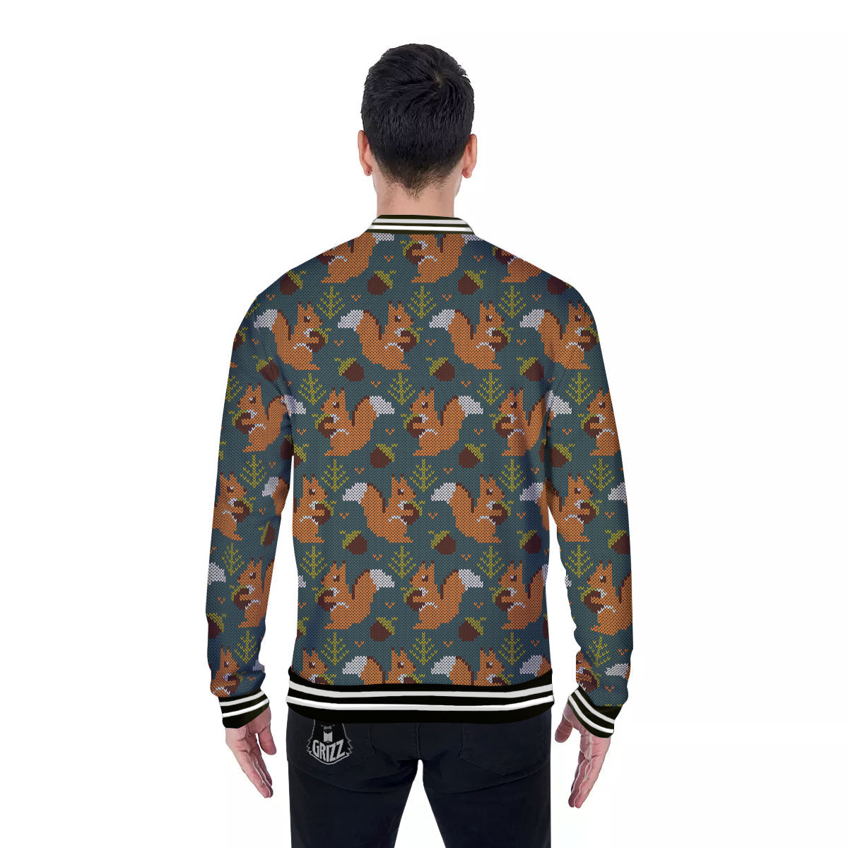 Knitted Squirrel Print Pattern Baseball Jacket-grizzshop
