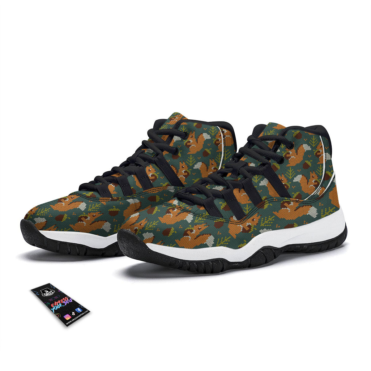 Knitted Squirrel Print Pattern Black Bball Shoes-grizzshop