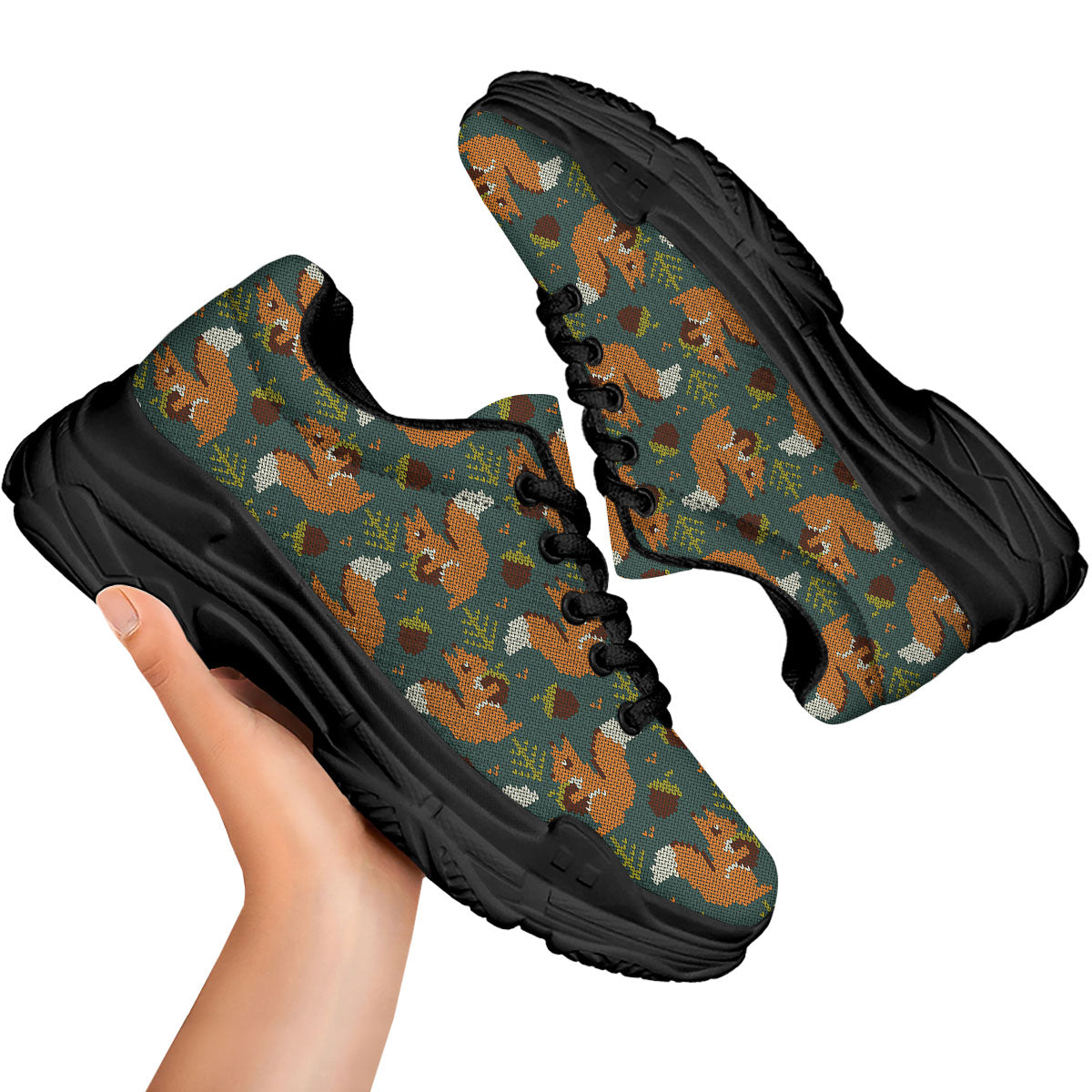 Knitted Squirrel Print Pattern Black Chunky Shoes-grizzshop