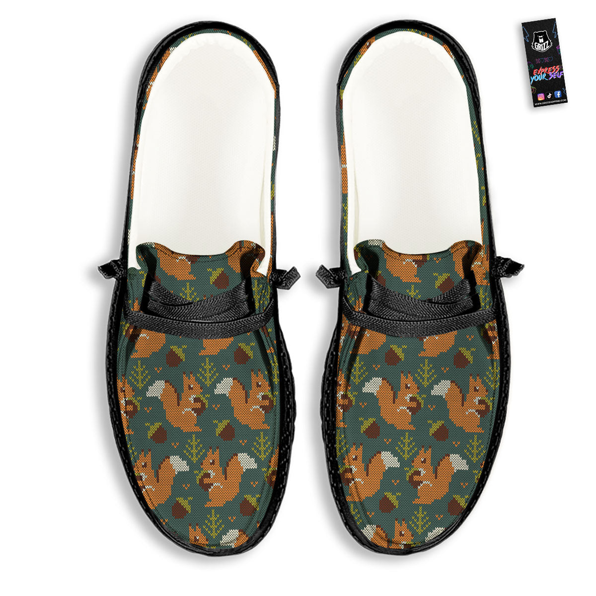 Knitted Squirrel Print Pattern Black Loafers-grizzshop