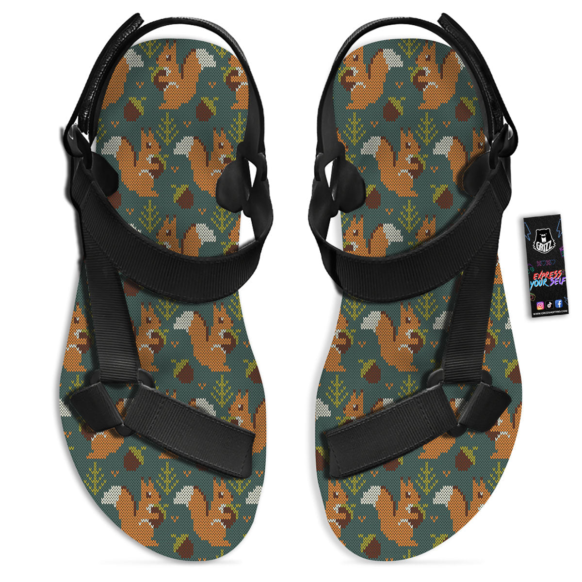 Knitted Squirrel Print Pattern Black Open Toe Sandals-grizzshop