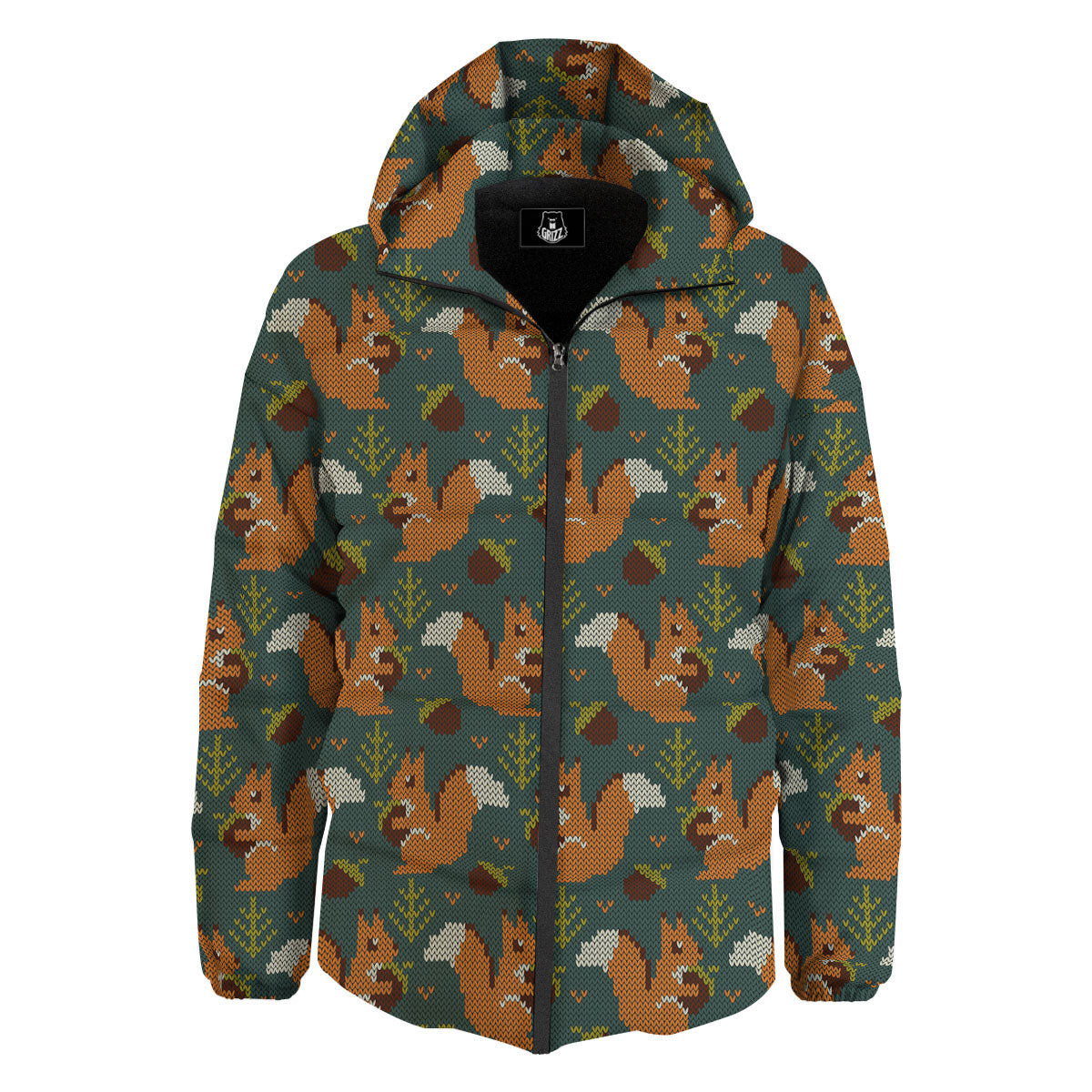 Knitted Squirrel Print Pattern Down Jacket-grizzshop