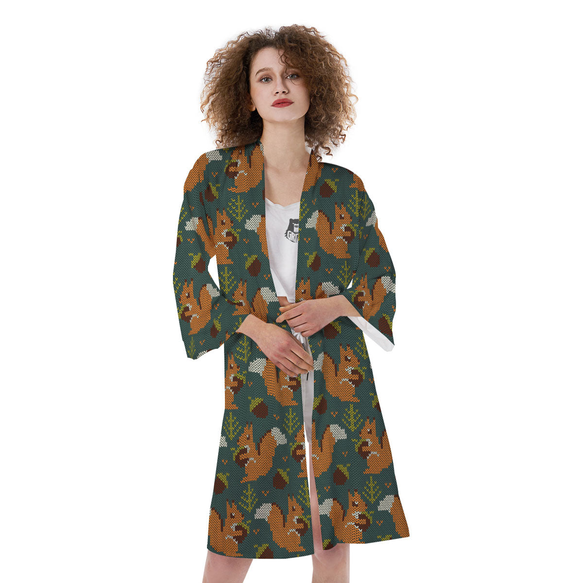 Knitted Squirrel Print Pattern Kimono-grizzshop