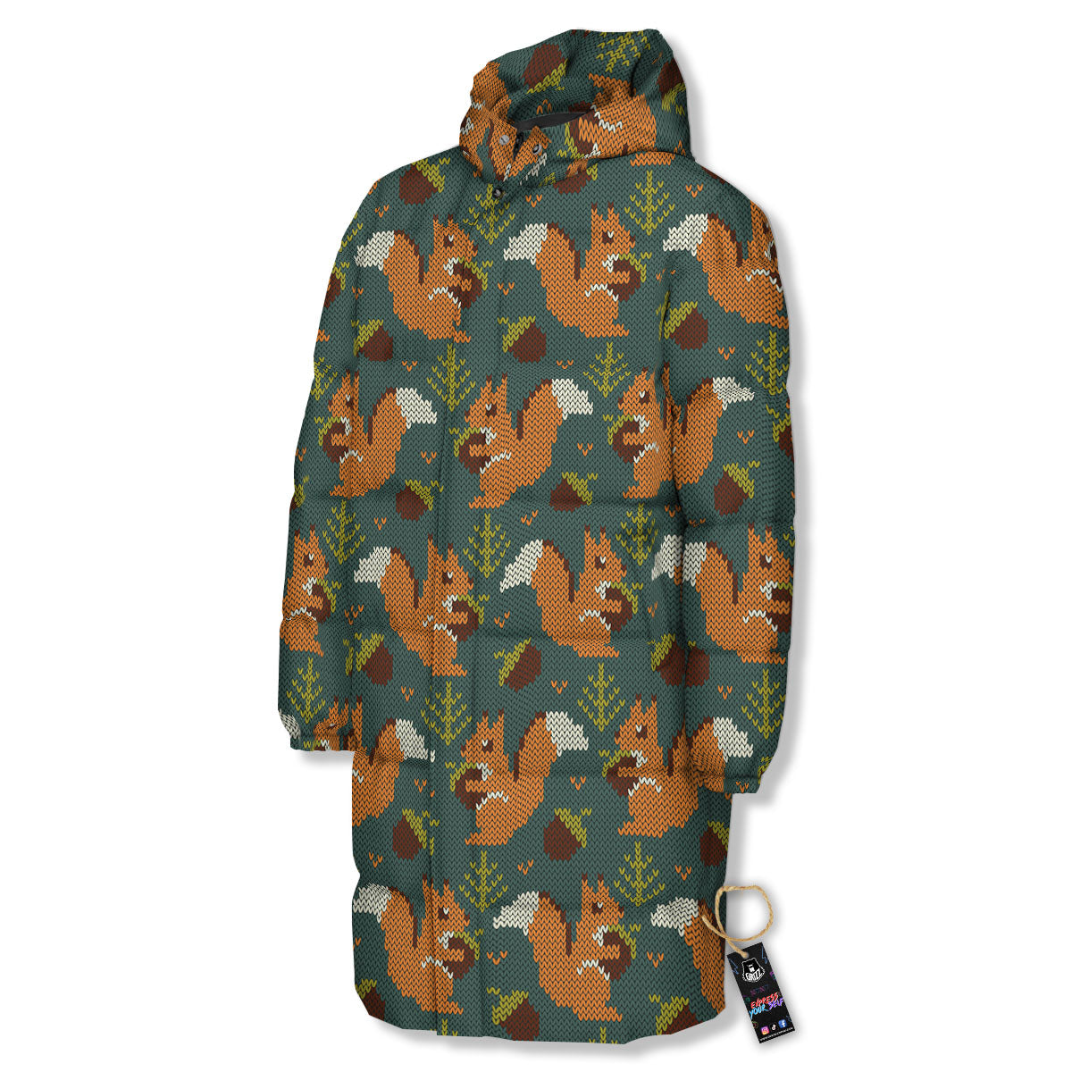 Knitted Squirrel Print Pattern Long Down Jacket-grizzshop