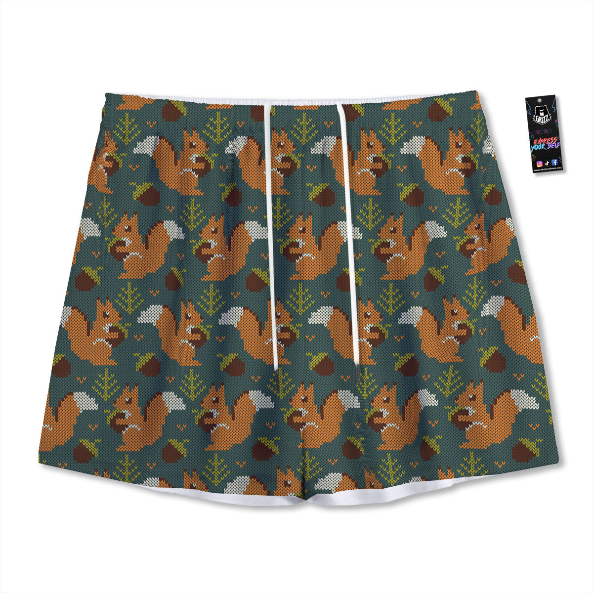 Knitted Squirrel Print Pattern Mesh Shorts