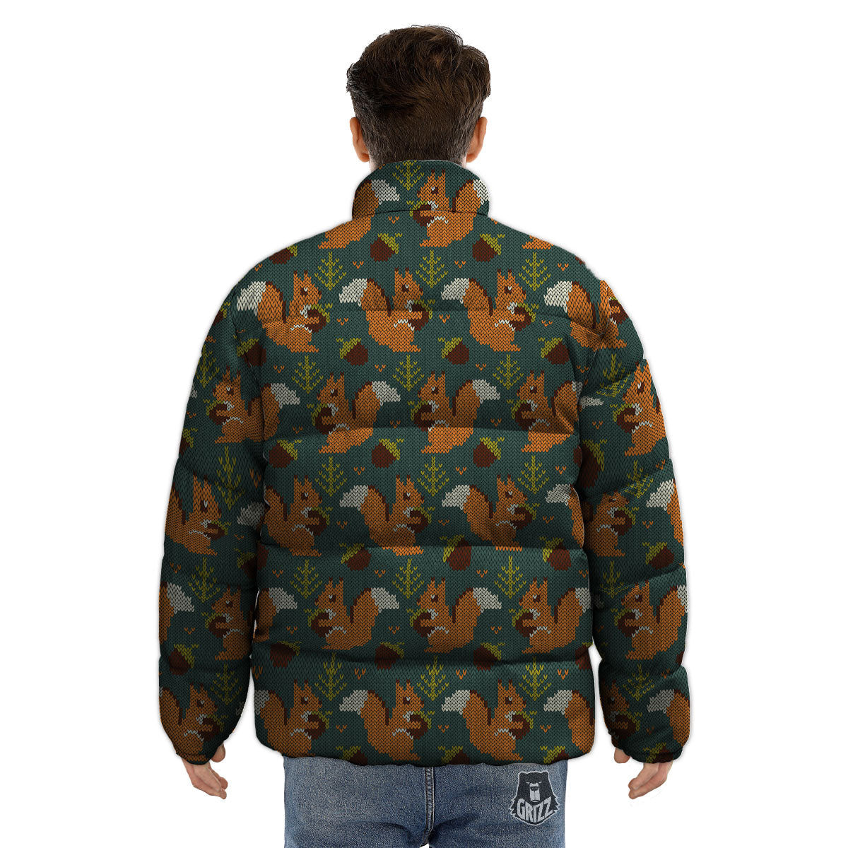 Knitted Squirrel Print Pattern Puffer Jacket-grizzshop