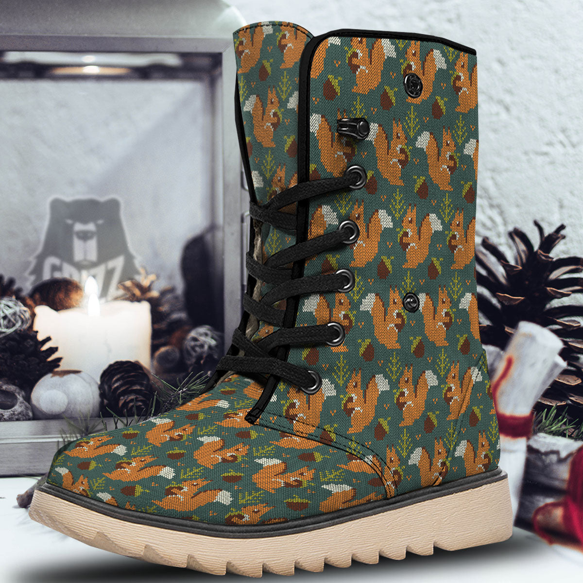 Knitted Squirrel Print Pattern Snow Boots-grizzshop