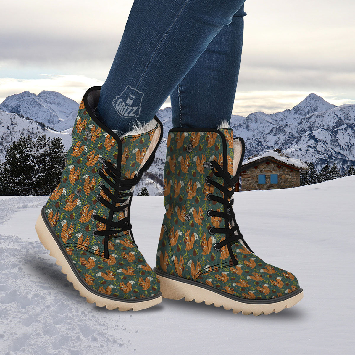 Knitted Squirrel Print Pattern Snow Boots-grizzshop