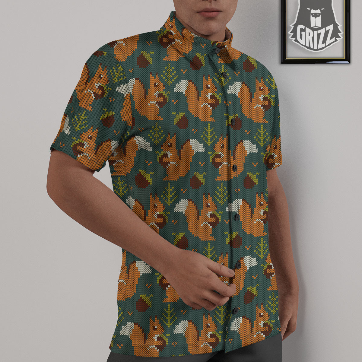 Knitted Squirrel Print Pattern Untucked Shirts-grizzshop