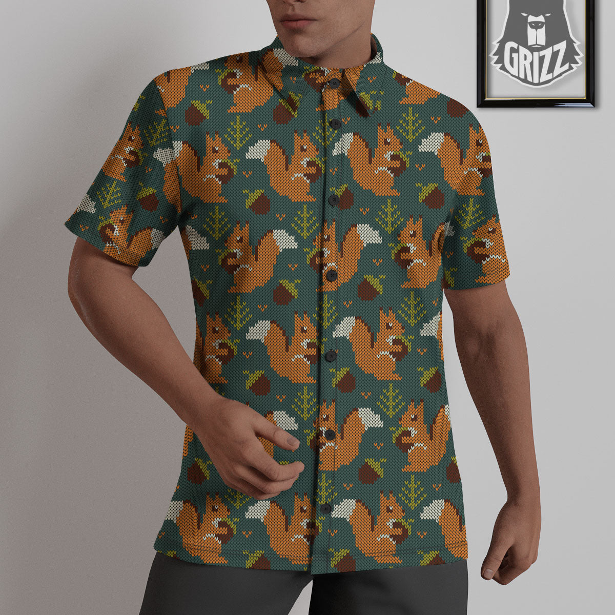 Knitted Squirrel Print Pattern Untucked Shirts-grizzshop