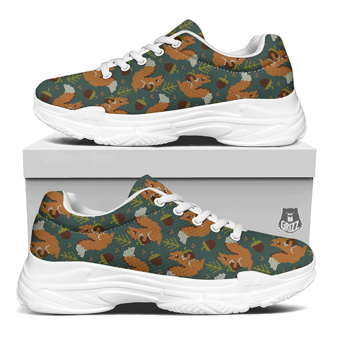 Knitted Squirrel Print Pattern White Chunky Shoes-grizzshop