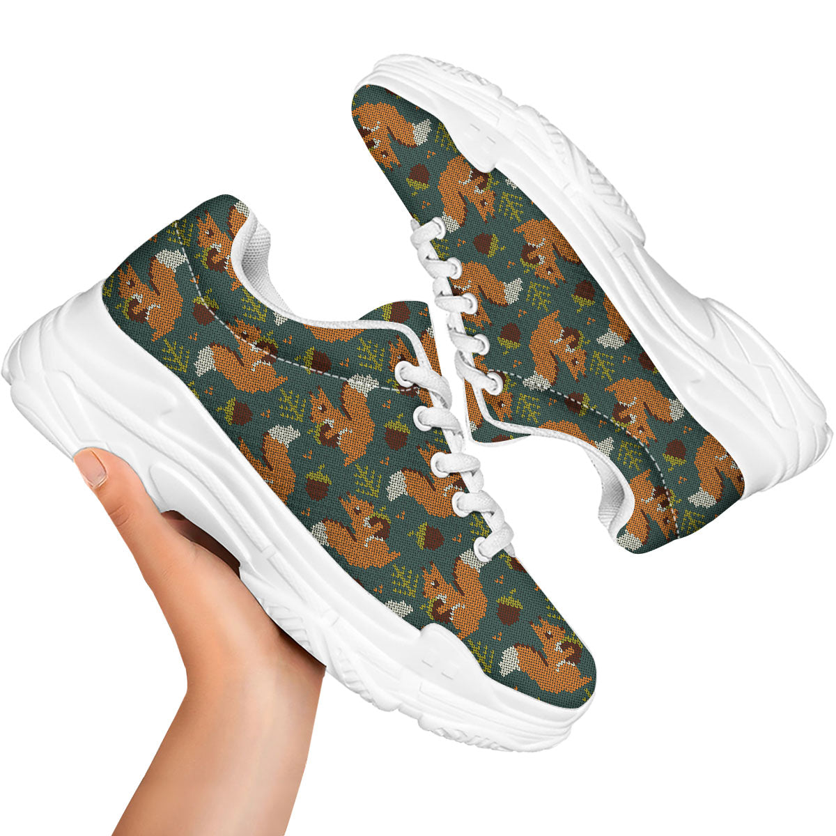 Knitted Squirrel Print Pattern White Chunky Shoes-grizzshop