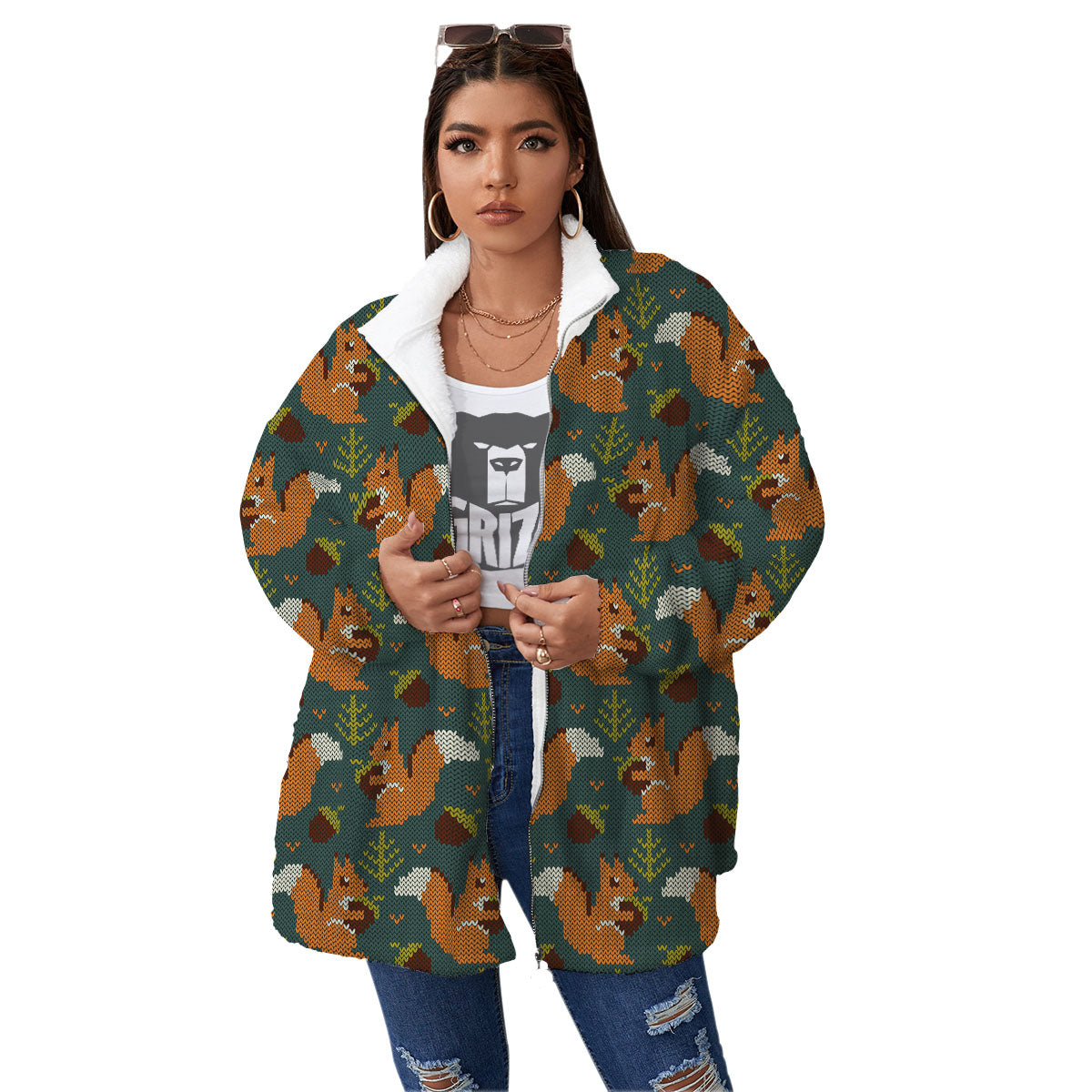 Knitted Squirrel Print Pattern Women's Sherpa Jacket-grizzshop
