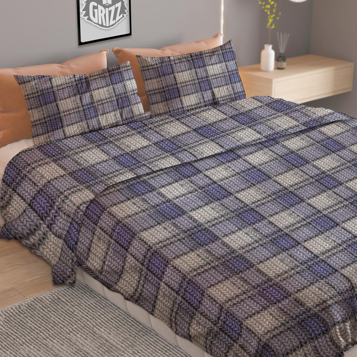 Knitted Tartan Print Pattern Duvet Cover Bedding Set
