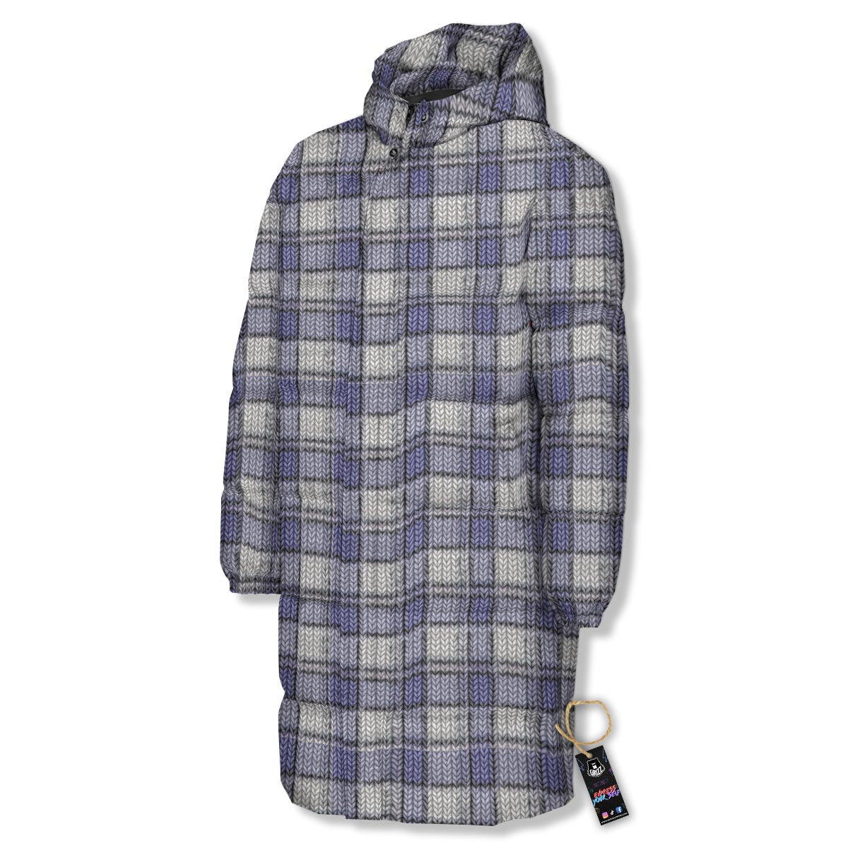 Knitted Tartan Print Pattern Long Down Jacket-grizzshop