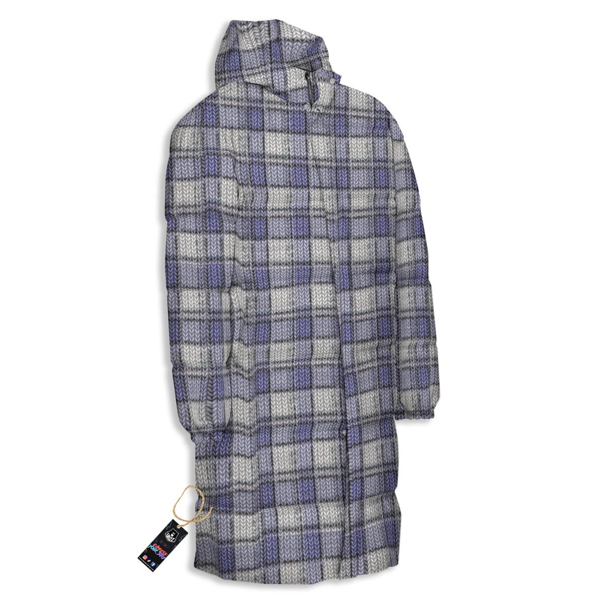 Knitted Tartan Print Pattern Long Down Jacket-grizzshop