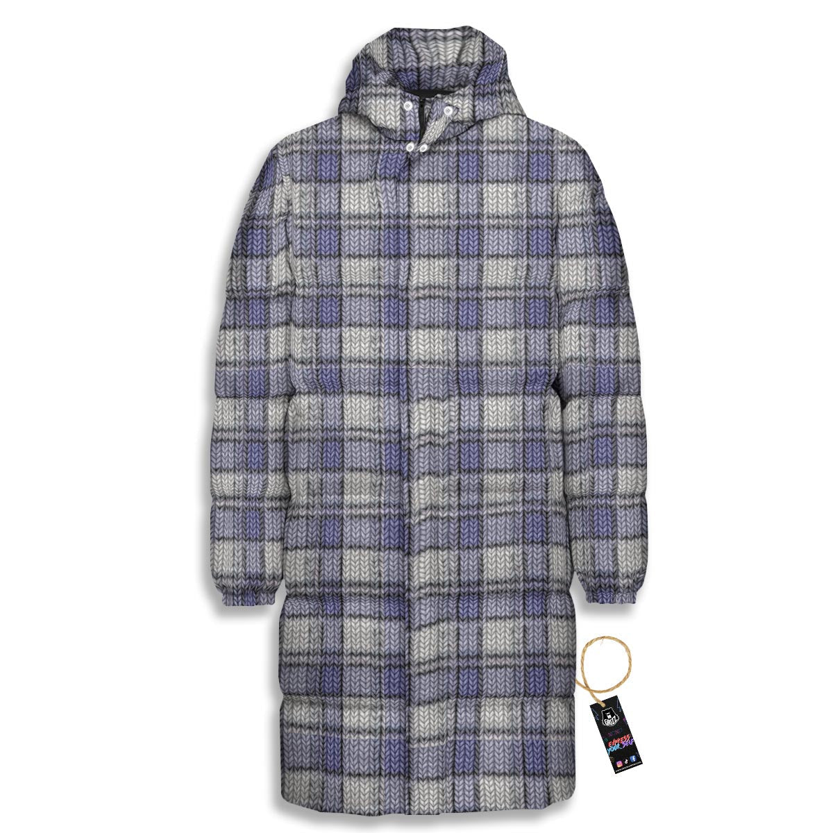 Knitted Tartan Print Pattern Long Down Jacket-grizzshop