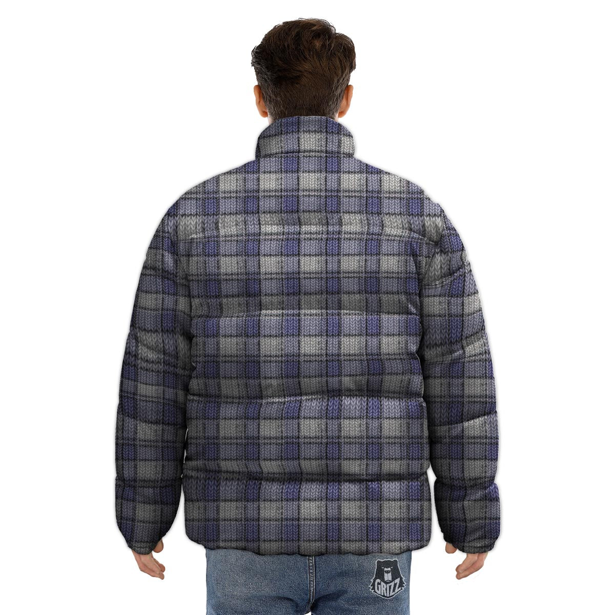 Knitted Tartan Print Pattern Puffer Jacket-grizzshop