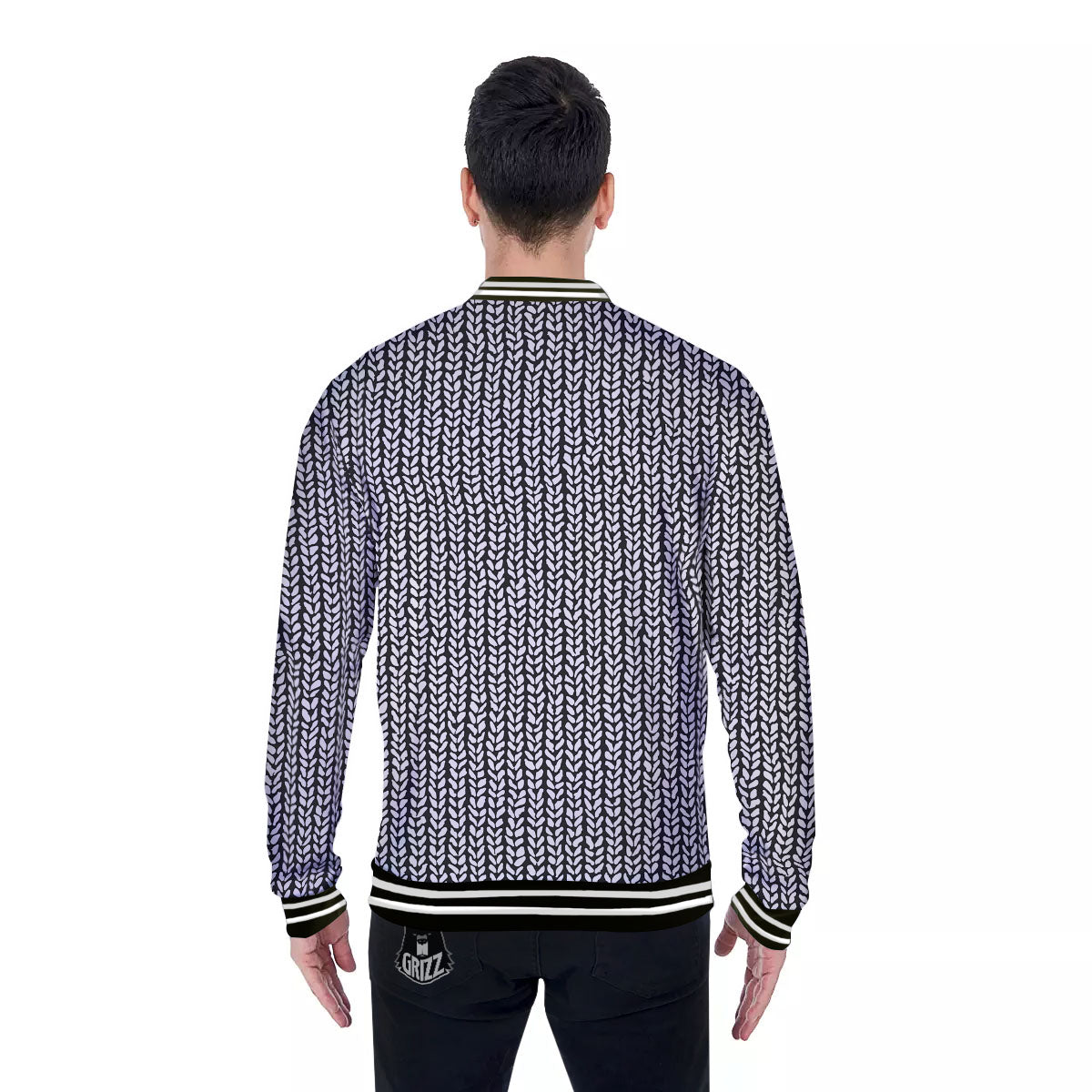 Knitted Texture White And Black Print Pattern Baseball Jacket-grizzshop