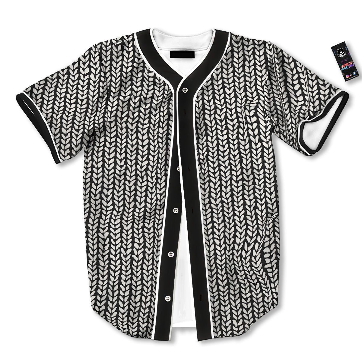 Knitted Texture White And Black Print Pattern Baseball Jersey-grizzshop