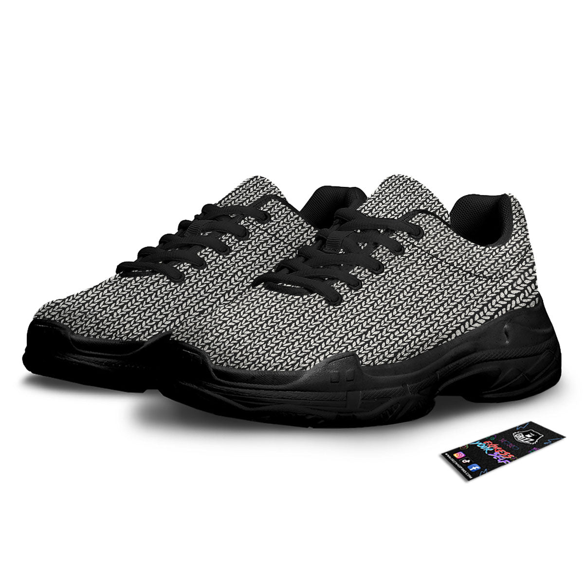 Knitted Texture White And Black Print Pattern Black Chunky Shoes-grizzshop