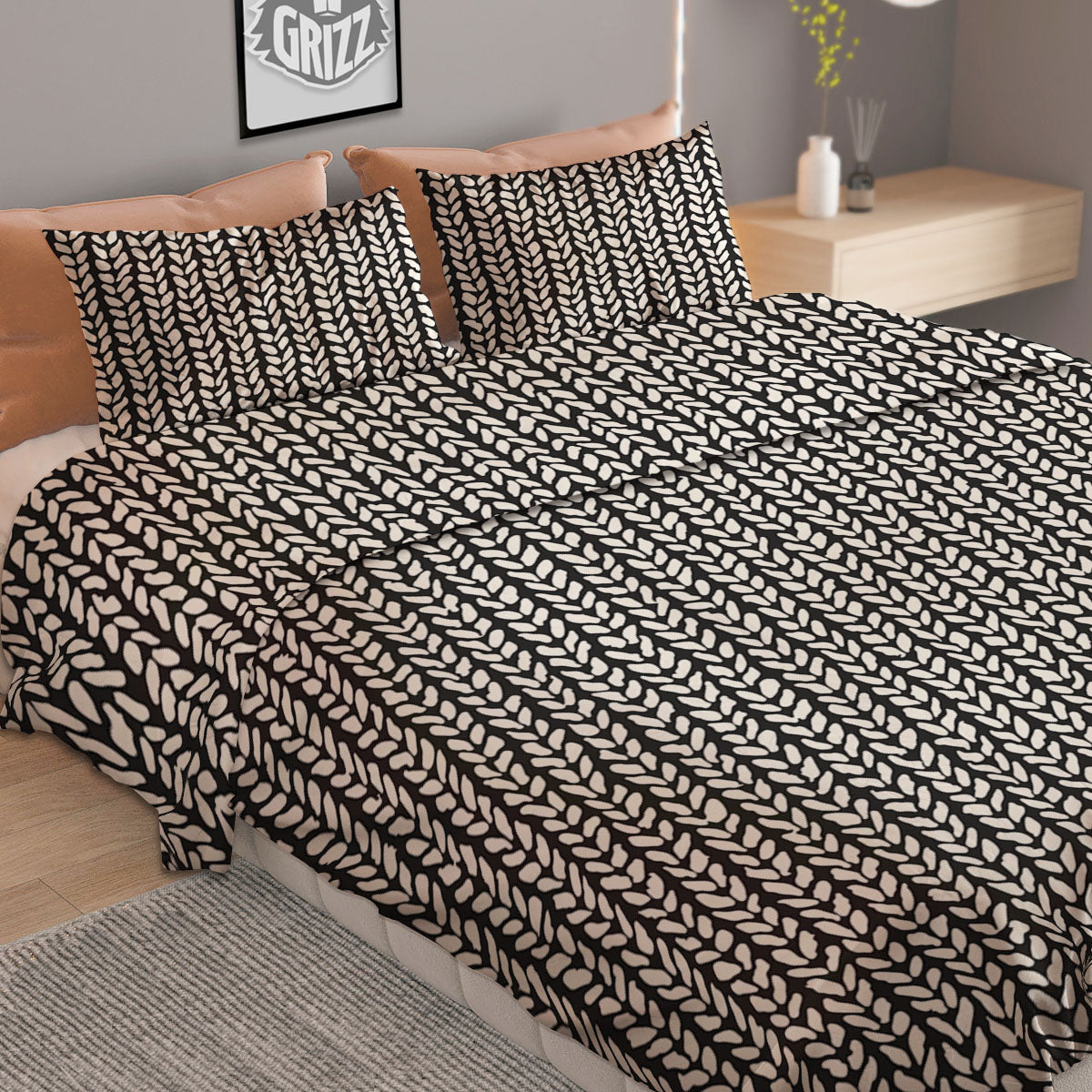 Knitted Texture White And Black Print Pattern Duvet Cover Bedding Set
