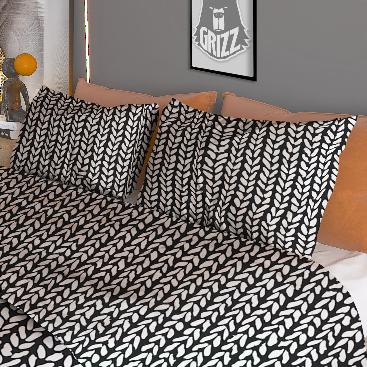 Knitted Texture White And Black Print Pattern Duvet Cover Bedding Set