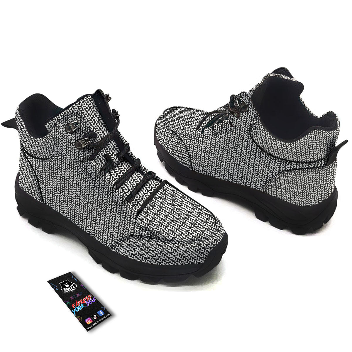 Knitted Texture White And Black Print Pattern Hiking Shoes-grizzshop