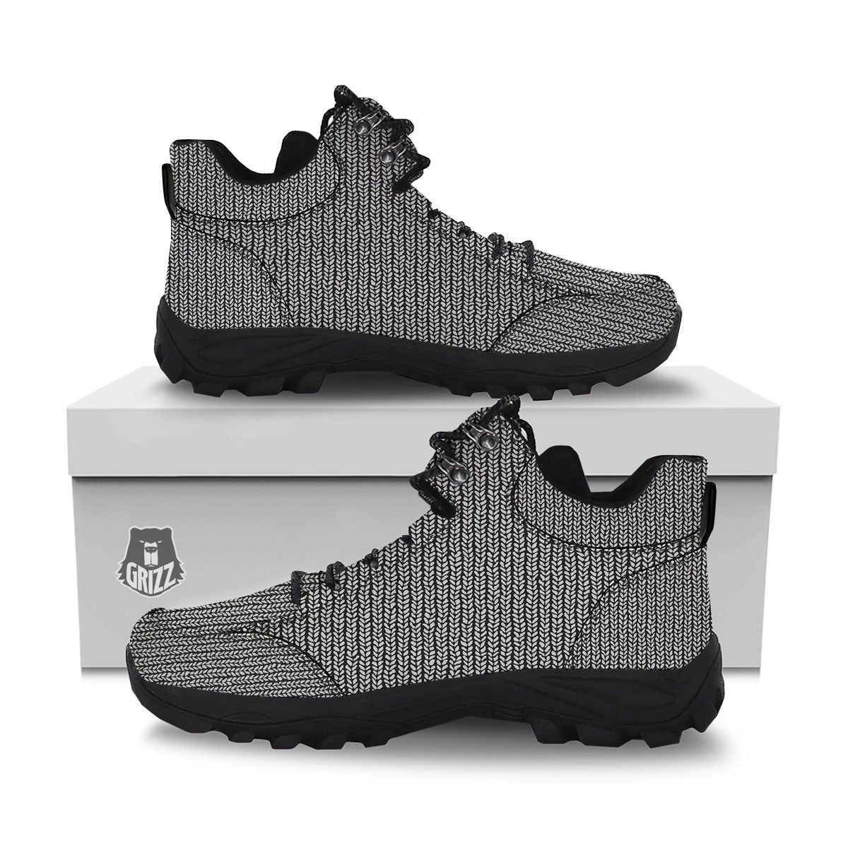 Knitted Texture White And Black Print Pattern Hiking Shoes-grizzshop