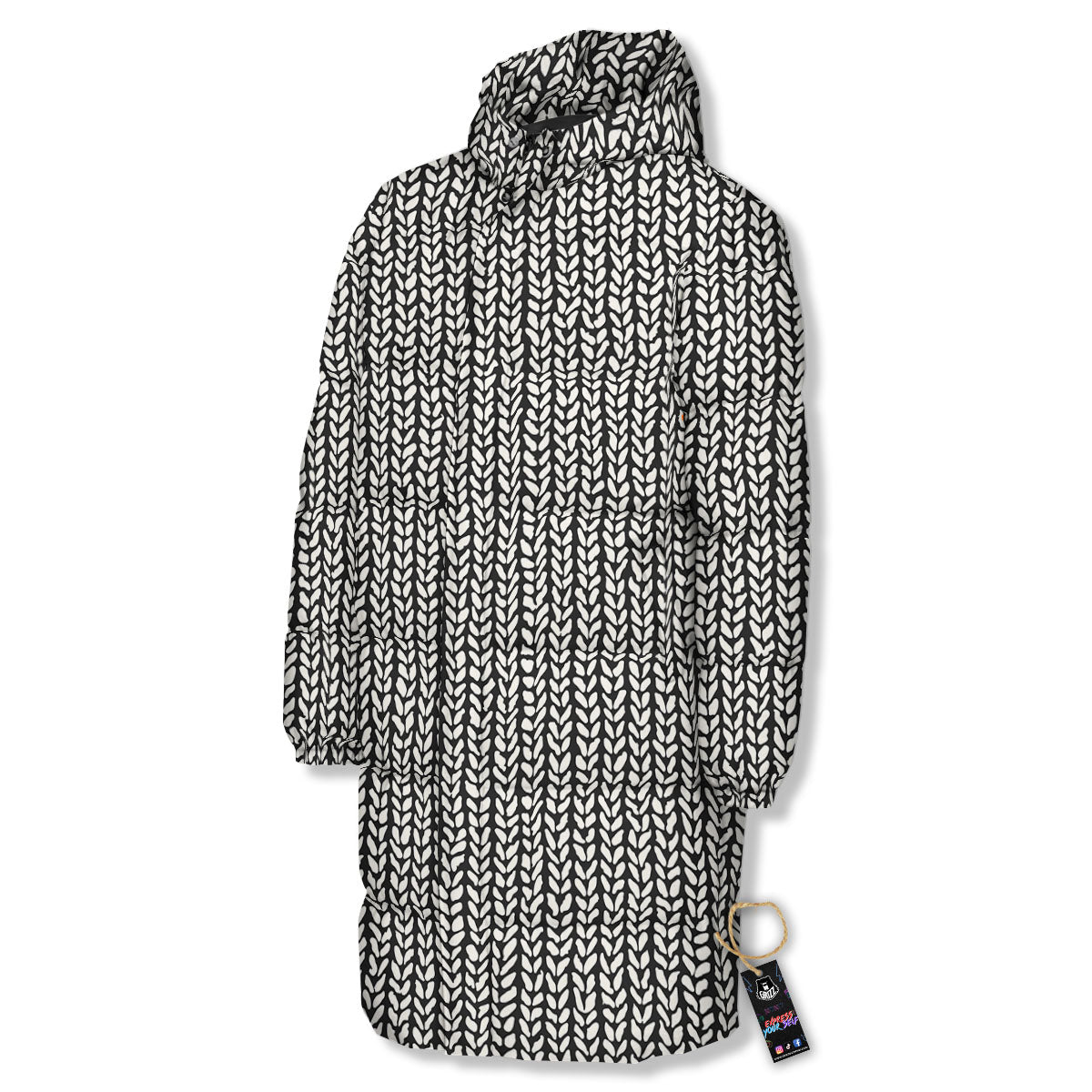 Knitted Texture White And Black Print Pattern Long Down Jacket-grizzshop