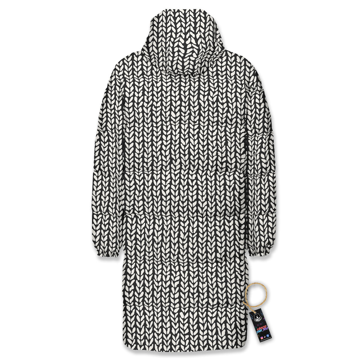 Knitted Texture White And Black Print Pattern Long Down Jacket-grizzshop