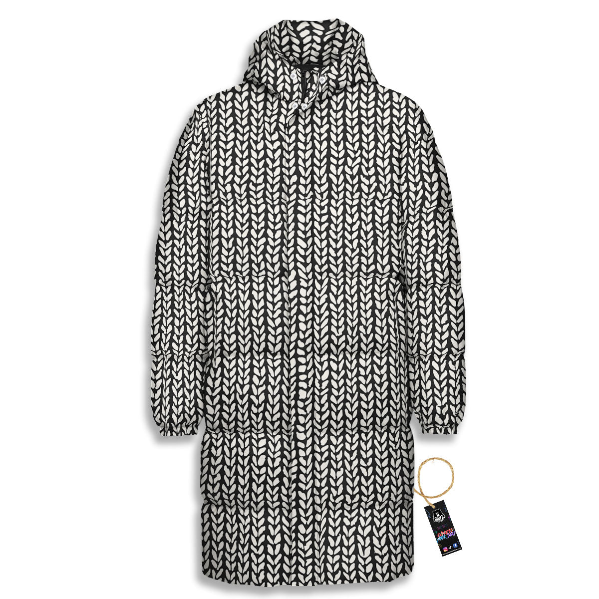 Knitted Texture White And Black Print Pattern Long Down Jacket-grizzshop