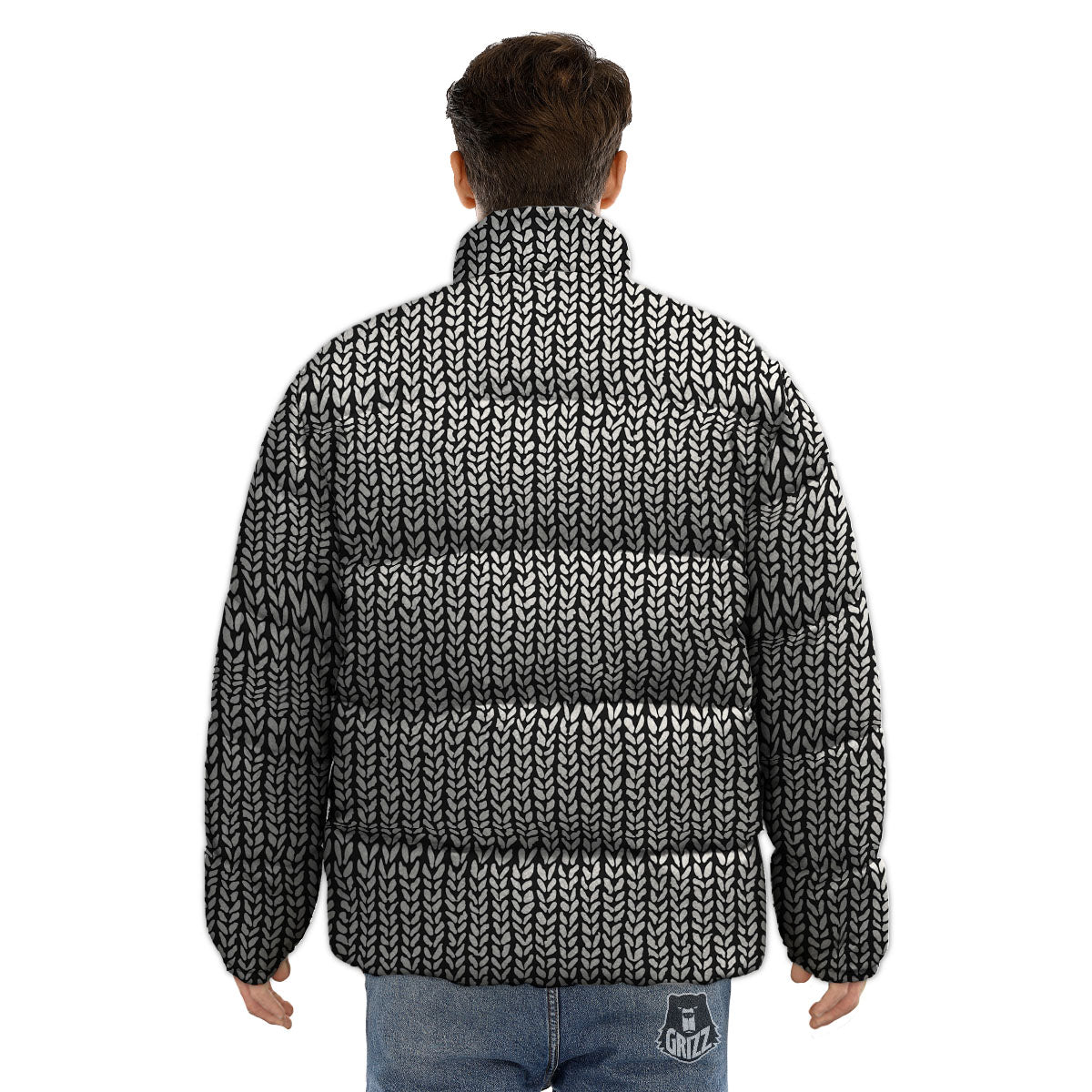 Knitted Texture White And Black Print Pattern Puffer Jacket-grizzshop