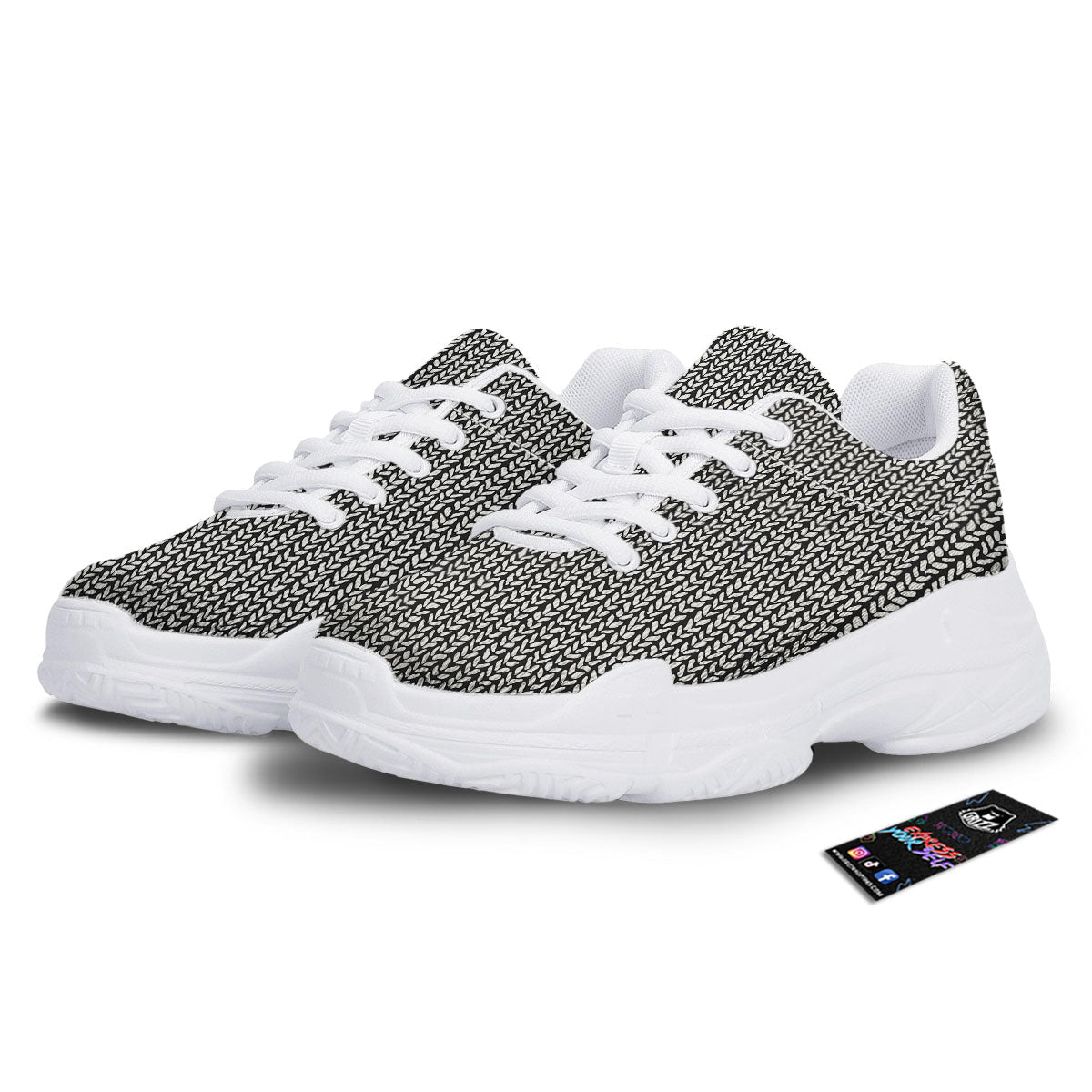 Knitted Texture White And Black Print Pattern White Chunky Shoes-grizzshop
