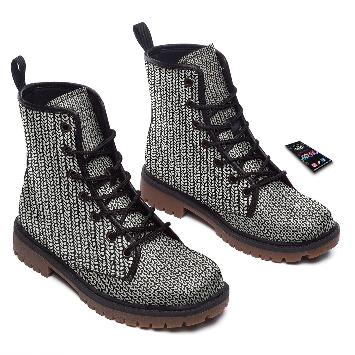 Knitted Texture White And Black Print Pattern Work Boots-grizzshop