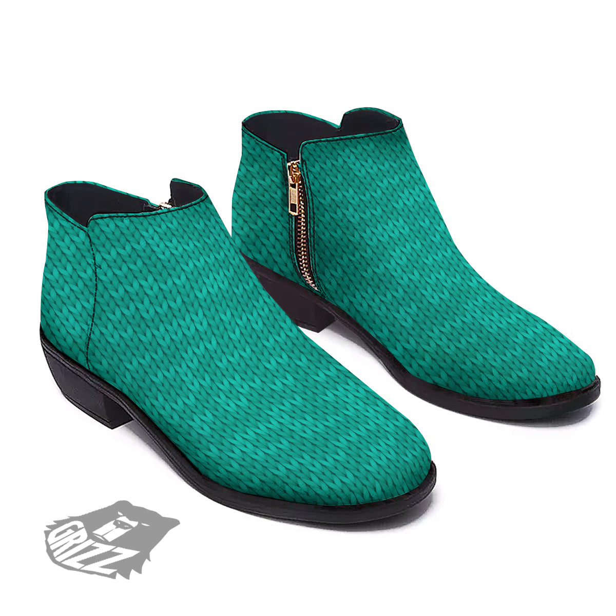 Knitted Turquoise Print Pattern Ankle Boots-grizzshop