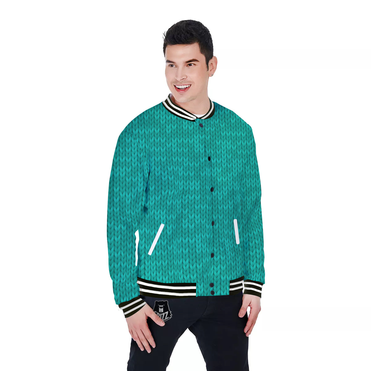 Knitted Turquoise Print Pattern Baseball Jacket-grizzshop