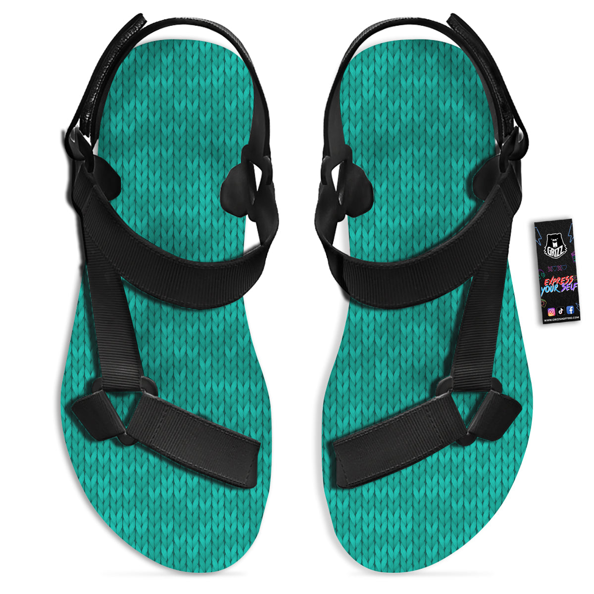 Knitted Turquoise Print Pattern Black Open Toe Sandals-grizzshop