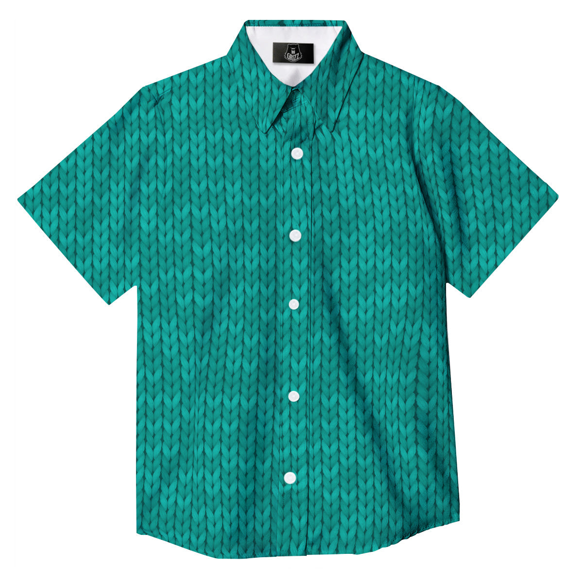 Knitted Turquoise Print Pattern Button Up Shirt-grizzshop