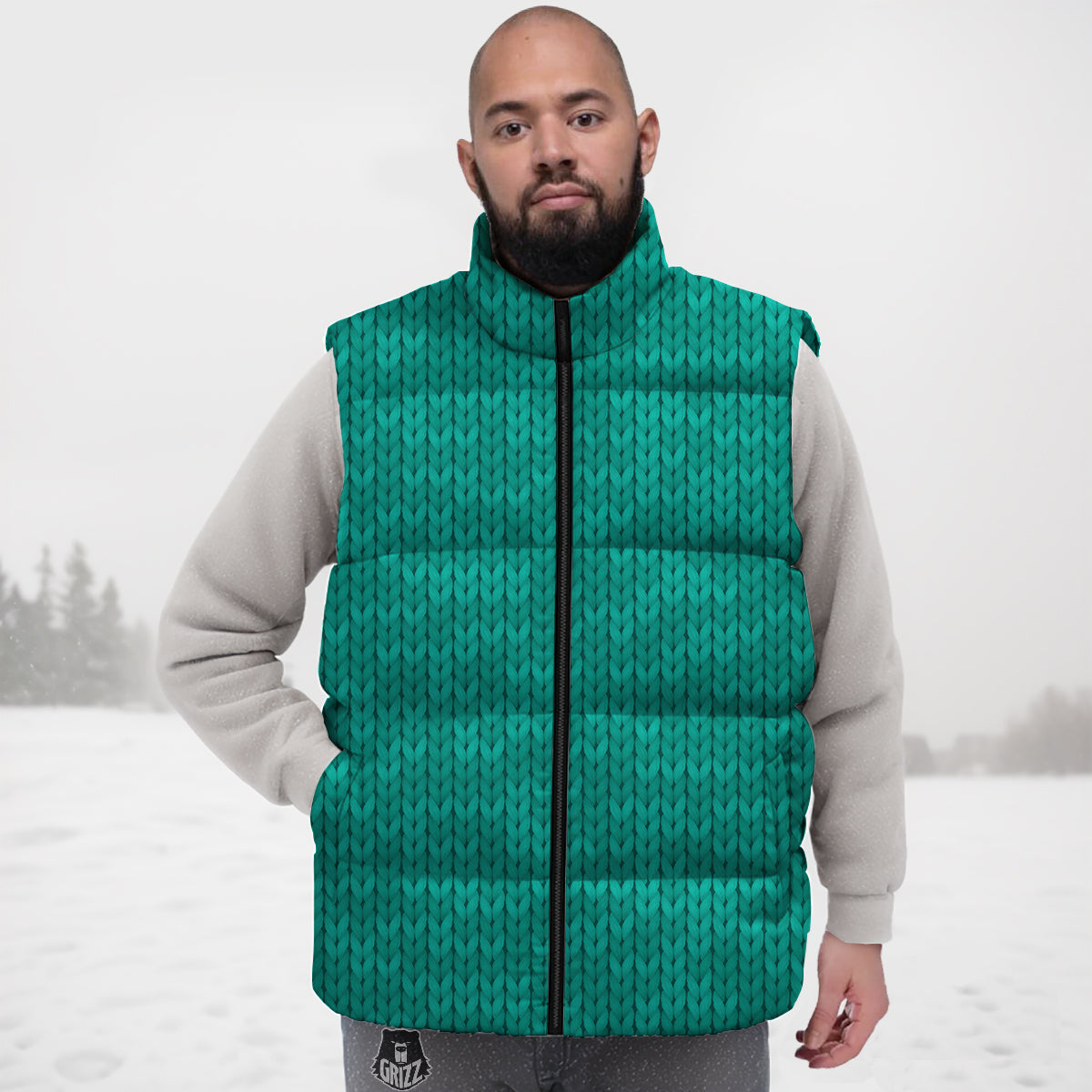 Knitted Turquoise Print Pattern Down Vest