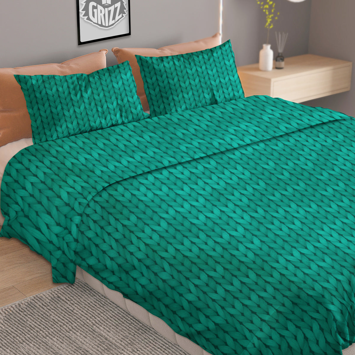 Knitted Turquoise Print Pattern Duvet Cover Bedding Set