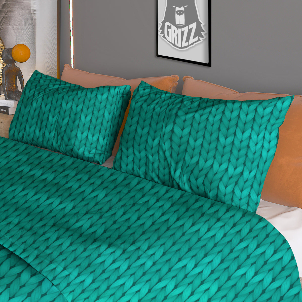 Knitted Turquoise Print Pattern Duvet Cover Bedding Set