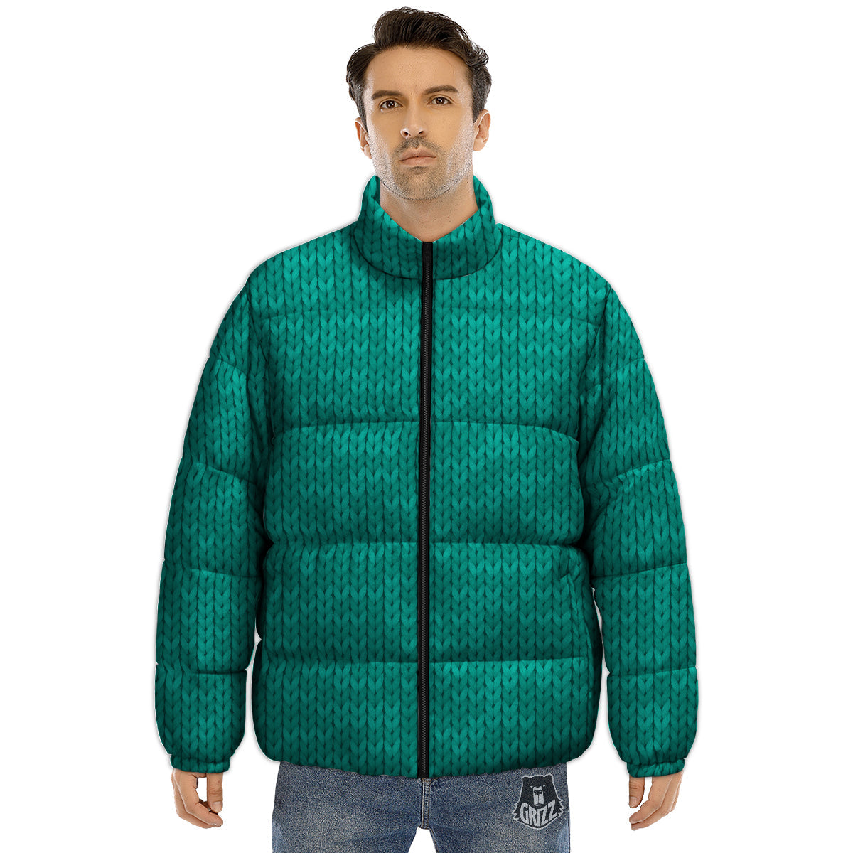 Knitted Turquoise Print Pattern Puffer Jacket-grizzshop